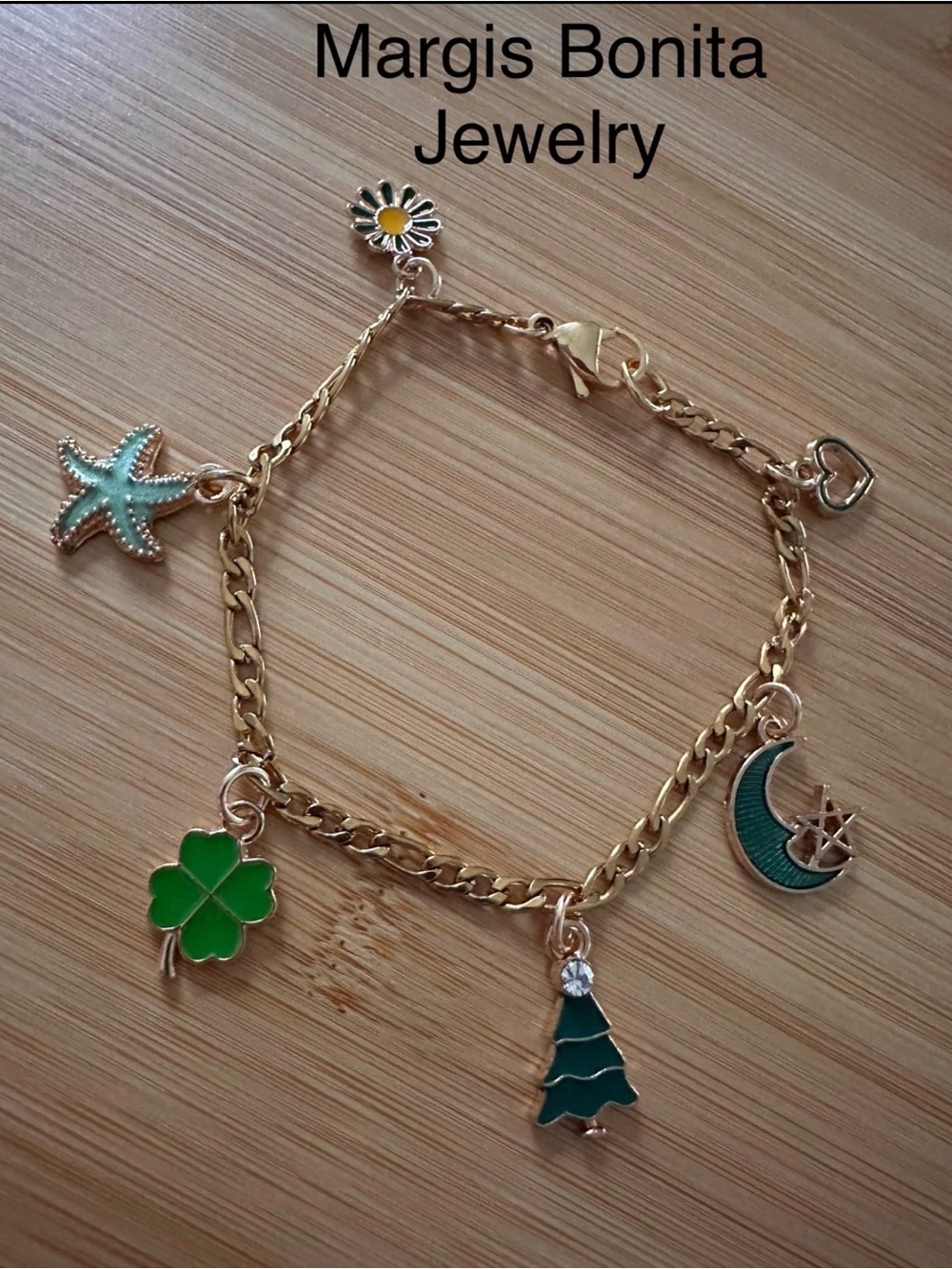 Margis Bonita Gold Tone Green Charm Bracelet